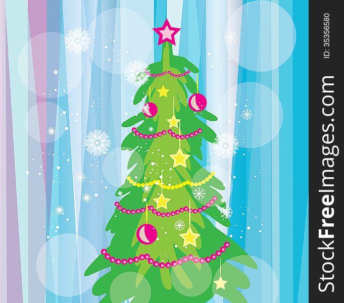 Vector graphic image with decorated christmas tree on the blue background