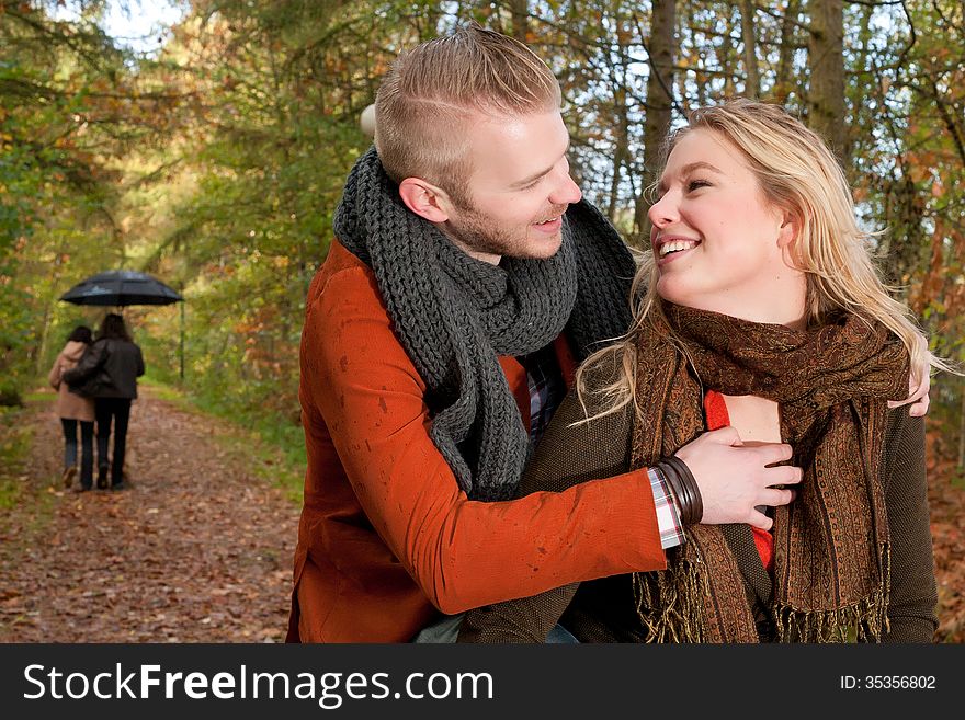 Happy young couple is having a nice time in october. Happy young couple is having a nice time in october