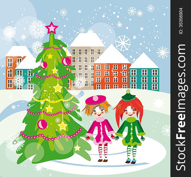 Vector graphic image with christmas tree on the city square and kids walking around this tree. Vector graphic image with christmas tree on the city square and kids walking around this tree