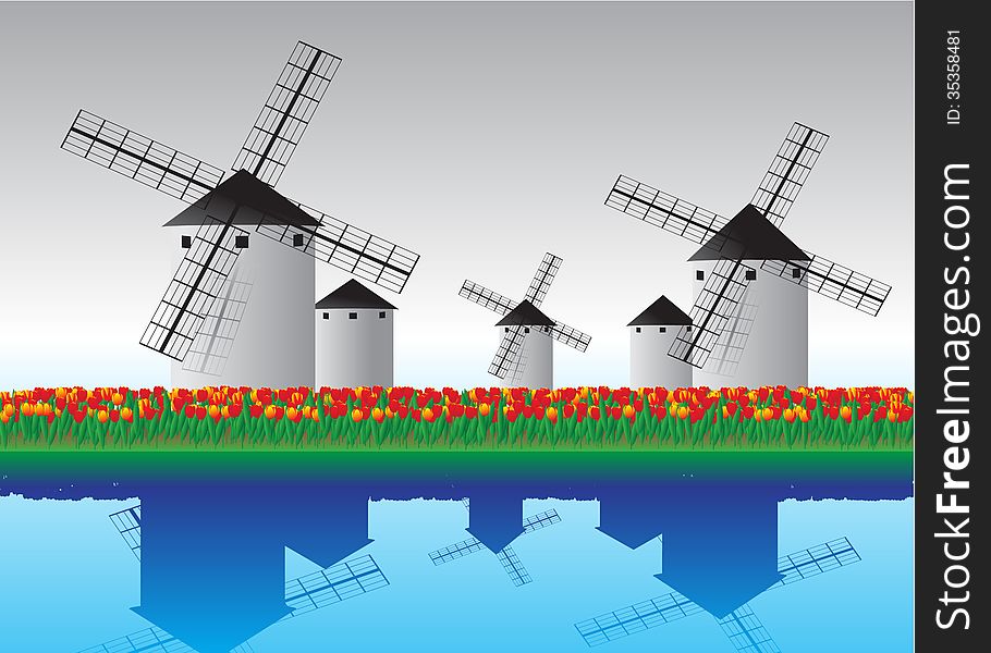 Landscape. The architectural style, of the water mill and tulips