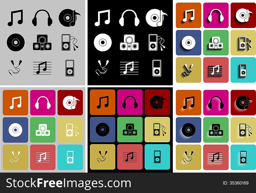 Set fo music icons on different backgrounds, vector eps10 illustration