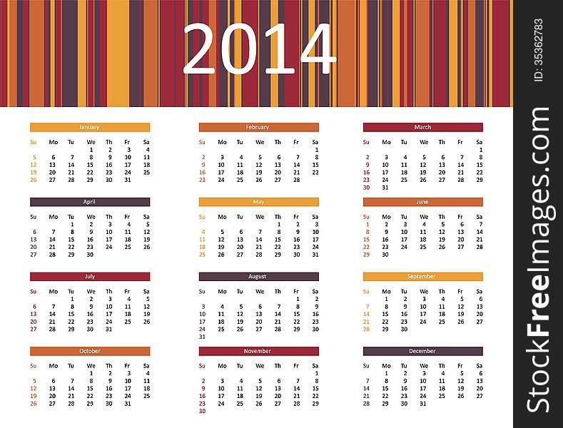 2014 colorful year calendar with yellow, orange, red and purple style. 2014 colorful year calendar with yellow, orange, red and purple style