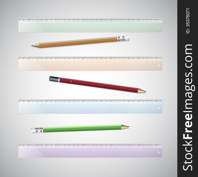 Set of plastic rulers and pencils, vector illustration