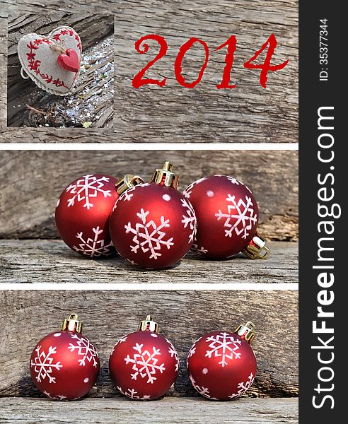 Greeting card with Christmas balls on wooden background. Greeting card with Christmas balls on wooden background