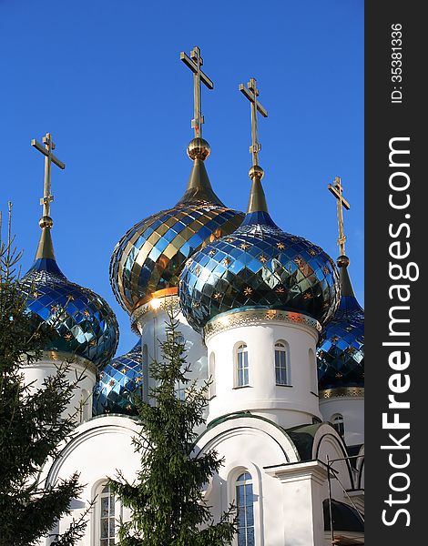 Nice Russian orthodox church against blue sky. Nice Russian orthodox church against blue sky