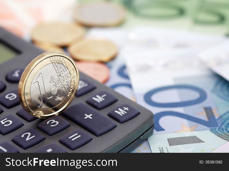 Business concept. Calculator on European Union Currency closeup background. Business concept. Calculator on European Union Currency closeup background