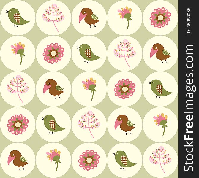 Seamless Background With Birds And Flowers In Circ