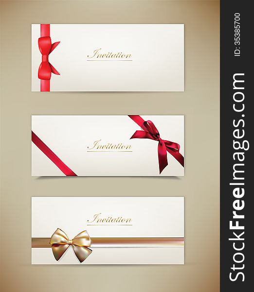 Gift cards and invitations with ribbons. Vector background