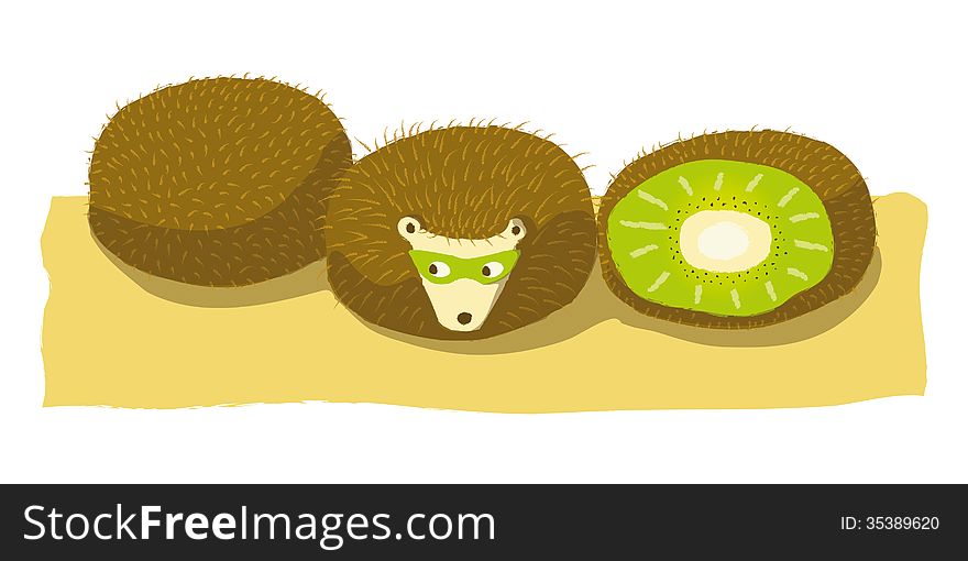 HEDGEHOG WITH MASK HIDING BETWEEN KIWIS. HEDGEHOG WITH MASK HIDING BETWEEN KIWIS