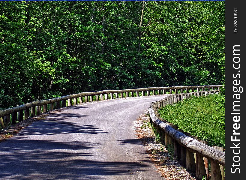 Gravel road in the woods with a small barrier wall