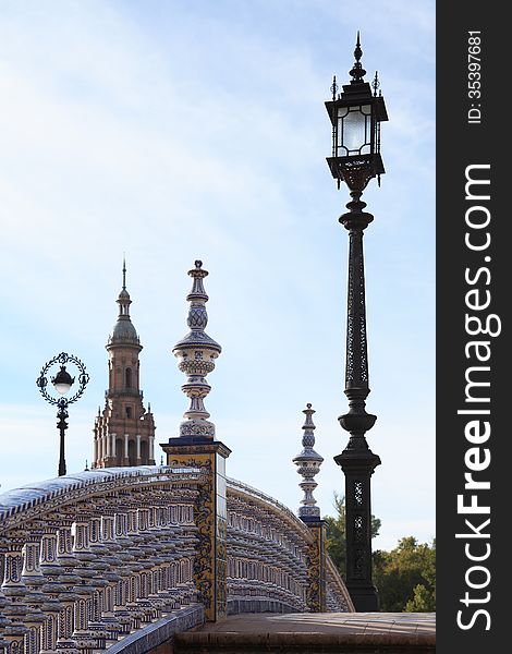 Nice small bridge and street lamps on Spain Square in Sevilla,Spain. Nice small bridge and street lamps on Spain Square in Sevilla,Spain