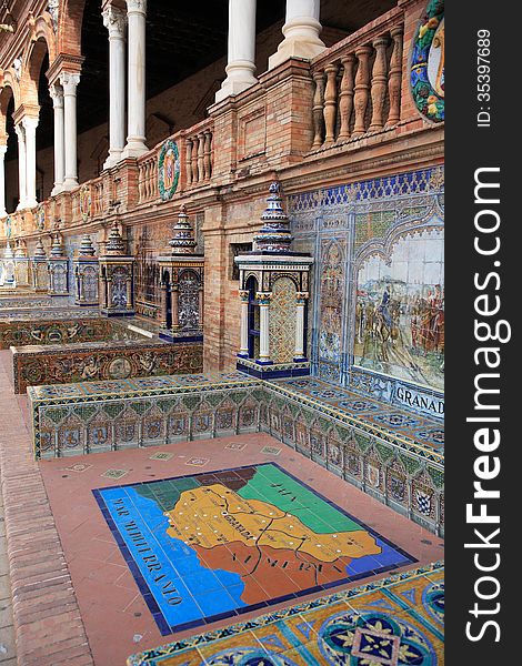 Nice ancient mosaic on palace wall. Spain Square in Sevilla,Spain. Nice ancient mosaic on palace wall. Spain Square in Sevilla,Spain