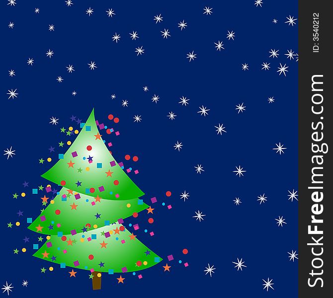 Funky Christmas tree against a dark blue starry sky