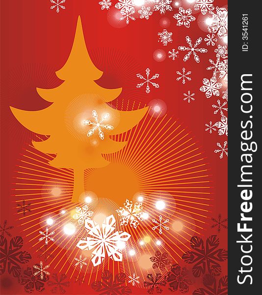 Winter holiday background with many snowflakes and a pine tree, illustration.