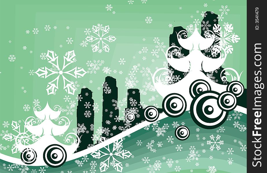 Abstract winter background with a pine tree, a cityscape and snowflakes,  illustration series. Abstract winter background with a pine tree, a cityscape and snowflakes,  illustration series.