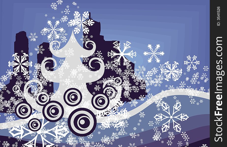 Abstract winter background with a pine tree, a cityscape and snowflakes, illustration series. Abstract winter background with a pine tree, a cityscape and snowflakes, illustration series.