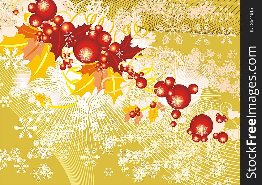 Winter holiday background with snowflakes, leaves and ribbons,  illustration in yellow and red colors. Winter holiday background with snowflakes, leaves and ribbons,  illustration in yellow and red colors.