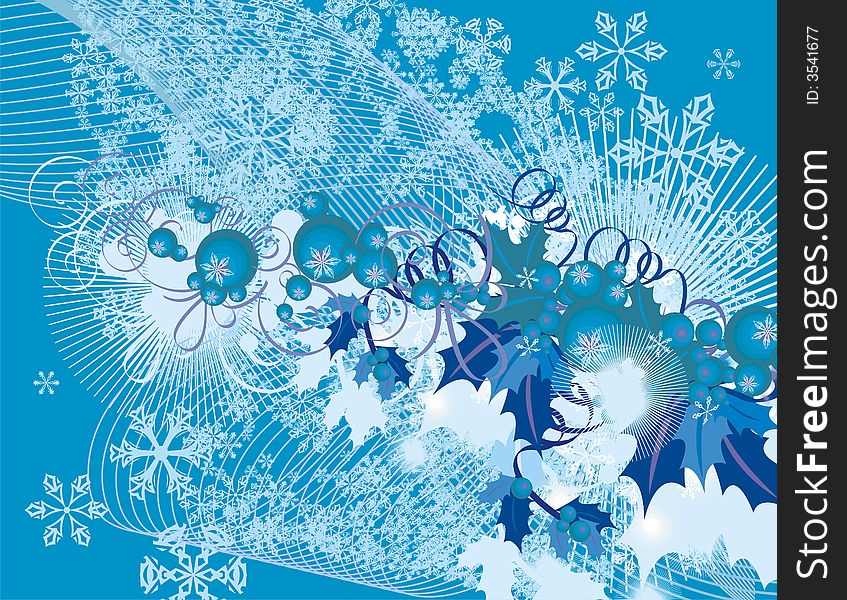Winter holiday background with snowflakes, leaves and ribbons,  illustration in blue colors. Winter holiday background with snowflakes, leaves and ribbons,  illustration in blue colors.