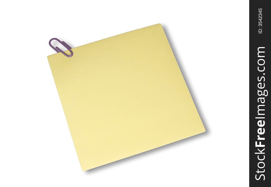 Yellow not and paperclip on a white background. Yellow not and paperclip on a white background