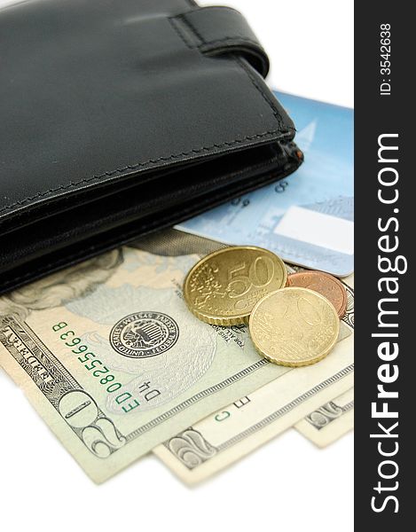 Black wallet, credit card, cents and 20 dollars. Black wallet, credit card, cents and 20 dollars