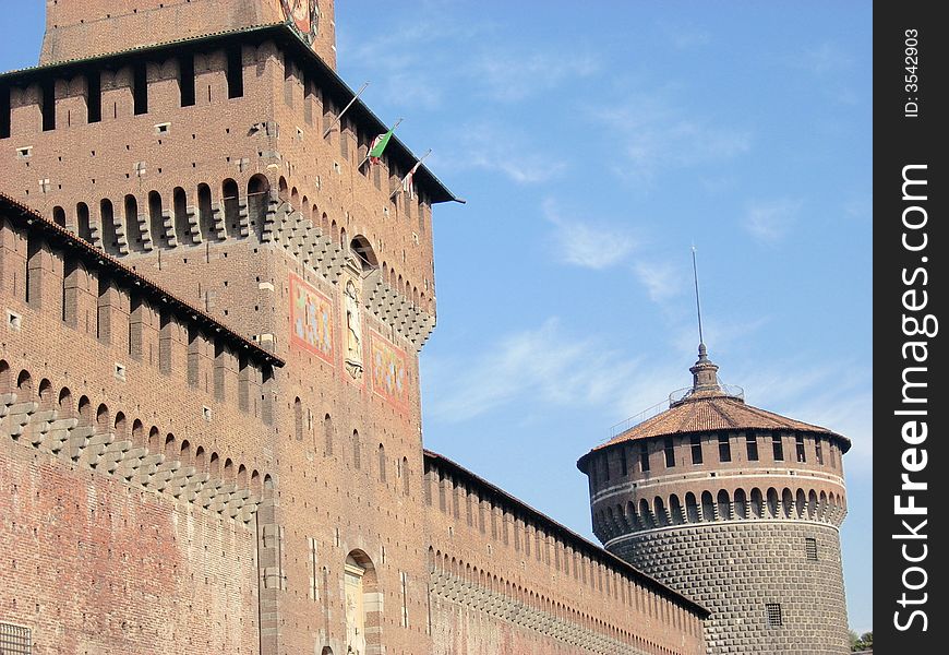 The front of the castle sforzesco in Milan with a particular perspective