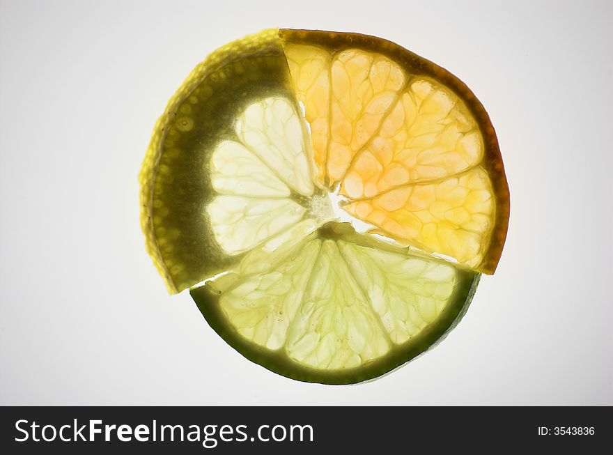 Lime, orange and lemon slices, isolated and backlit with white backdrop, contacted