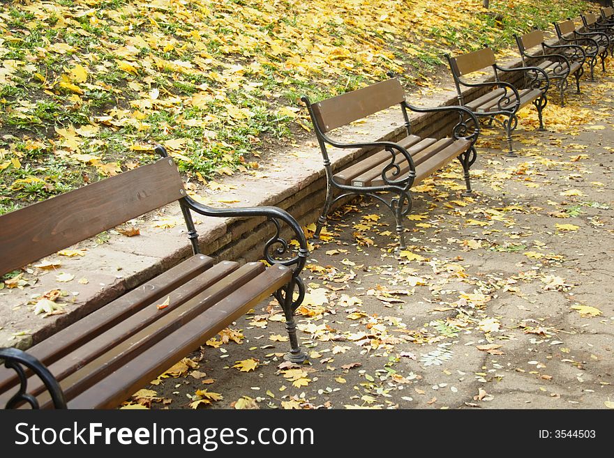 Nice view from a park in the Autumn with benches. Nice view from a park in the Autumn with benches