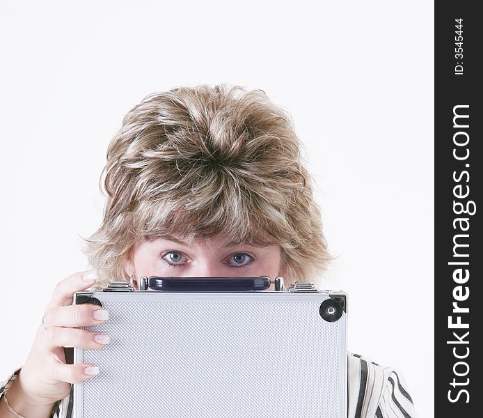 Woman holding metal case