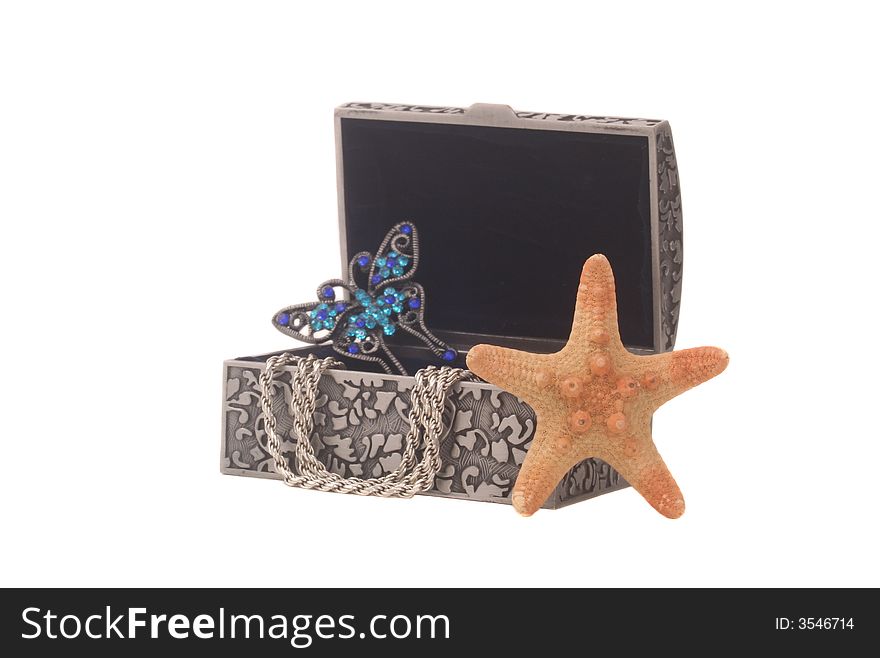 Antique Jewelry Box on White Background with Starfish and Butterfly Broach. Shallow DOF