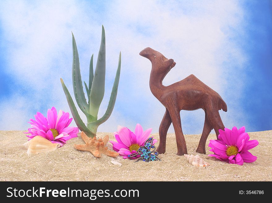 Aloe Plant on Sand With Camel and Flowers. Aloe Plant on Sand With Camel and Flowers