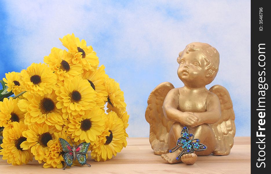 Flowers and Angel with Butterflies on Blue Sky Background