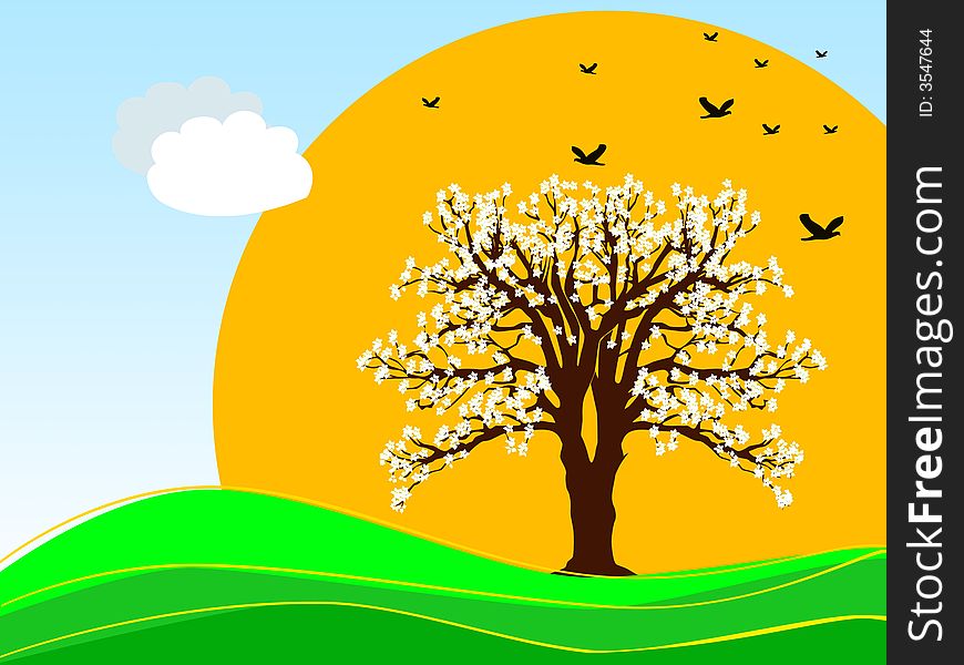 Colorful illustration of spring flower tree with birds. Colorful illustration of spring flower tree with birds