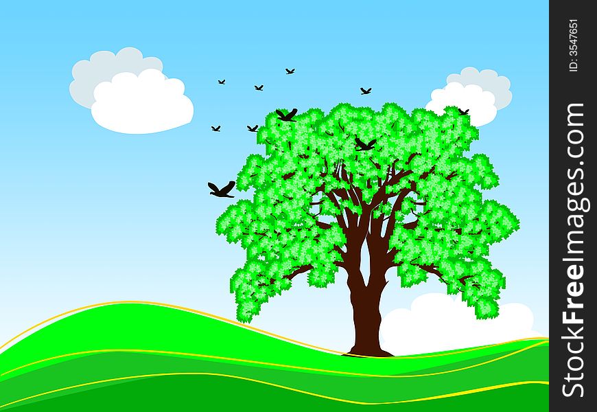 Colorful illustration of spring tree with birds