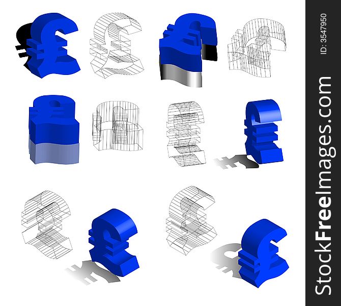 A variety view for 3d Symbols of ₤, Euros, illustration, vector