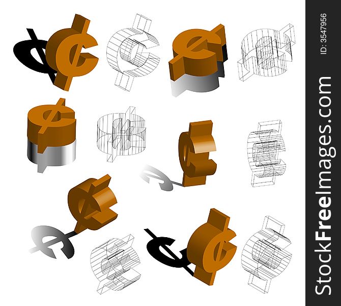 A variety view for 3d Symbols of Â¢, cent. illustration, vector