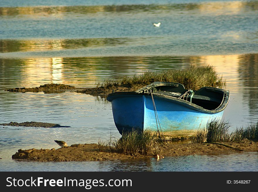 An image of a blue boat in a rivermouth of Spain.