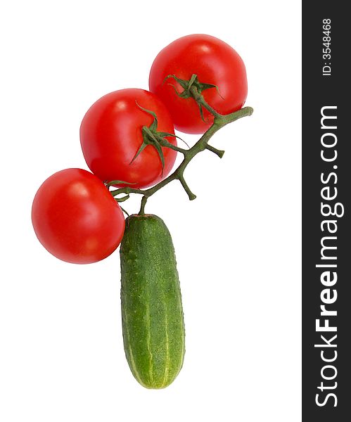 Tomatoes and cucumber, on one stem. Vegetables, isolated on a white background.