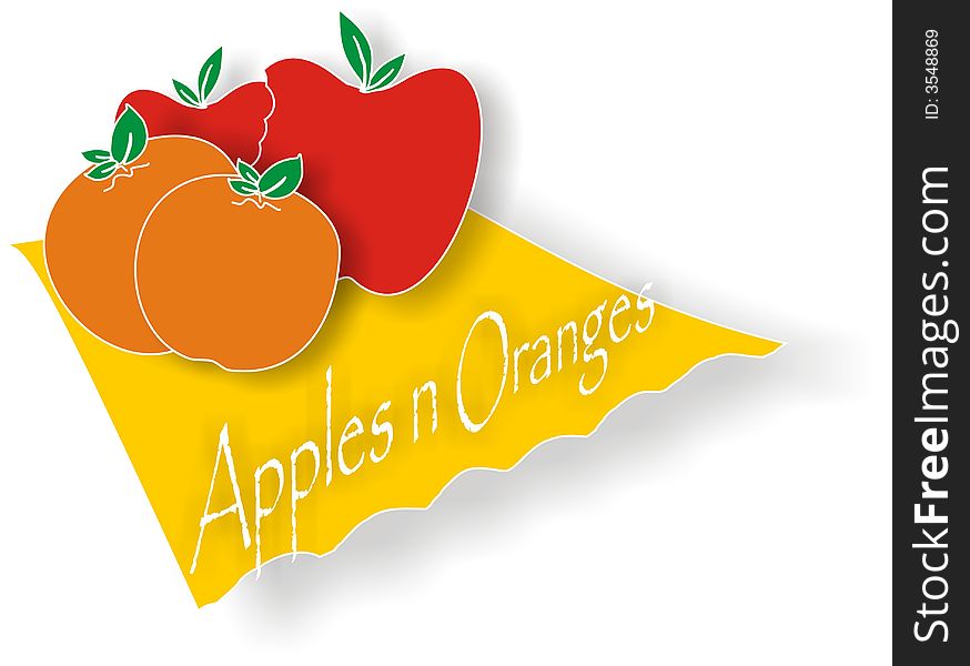 Illustration of apples and oranges on yellow cloth