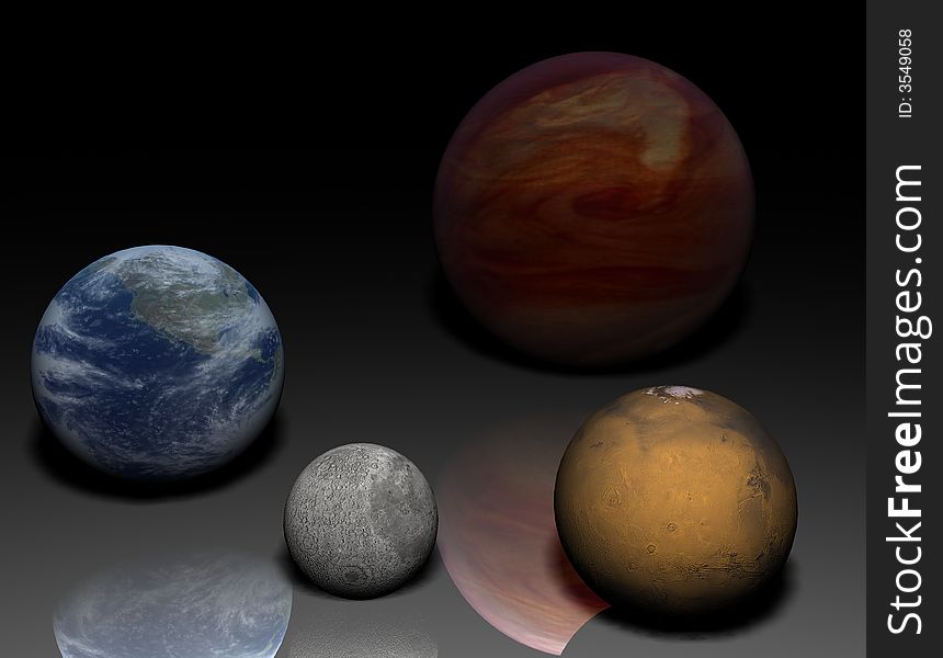 Solar systems planets - Earth, Mars, Jupiter, Moon