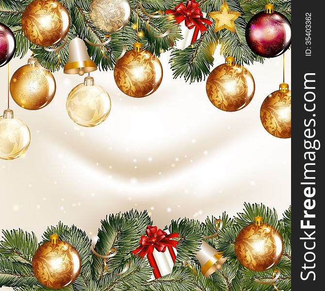 Christmas Background  With  Shining Baubles On A Fir Tree Branch