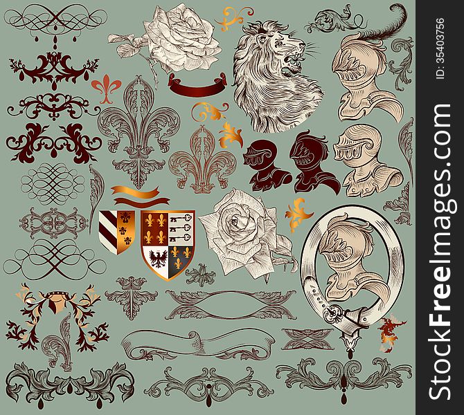 Vector set of luxury royal vintage elements for your heraldic design. Vector set of luxury royal vintage elements for your heraldic design