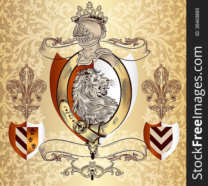 Vector heraldic illustration in vintage style with shield, armor, crown and lion for design. Vector heraldic illustration in vintage style with shield, armor, crown and lion for design