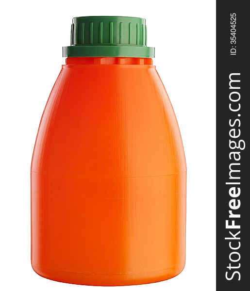 Orange plastic bottle for fresh juice isolated on white. Orange plastic bottle for fresh juice isolated on white