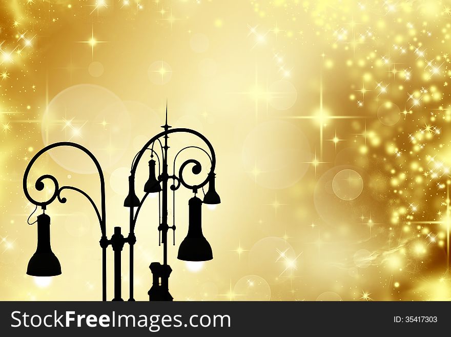 Christmas greeting card - white night with stars and street lamp