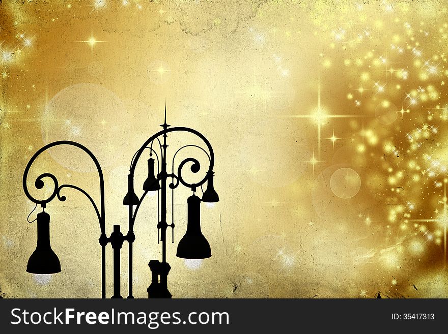 Christmas greeting card - white night with stars and street lamp. Christmas greeting card - white night with stars and street lamp