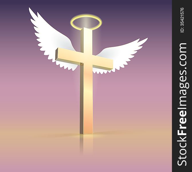 Angel wings nimbus and cross. Christian cross with spiritual light