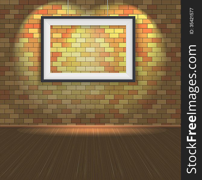 Brick wall with a empty frame and lighting, wood floors, vector illustration