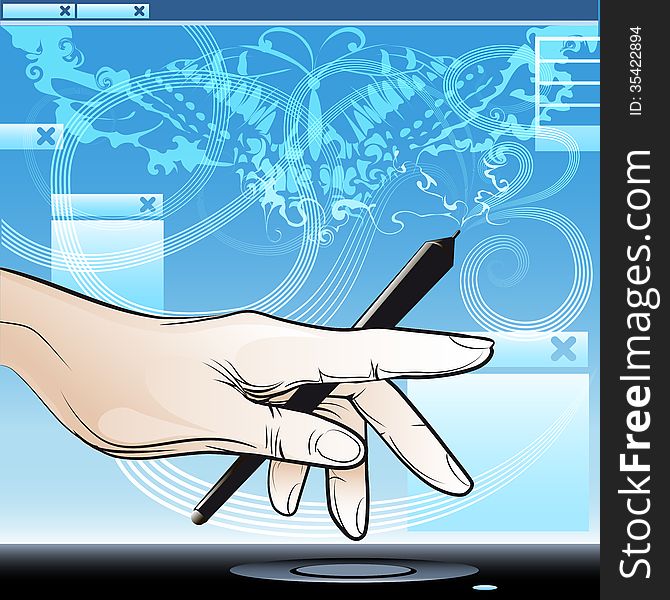 Illustration with grip pen in the hand above graphic tablet against digital sketch of butterfly on a computer screen. Illustration with grip pen in the hand above graphic tablet against digital sketch of butterfly on a computer screen