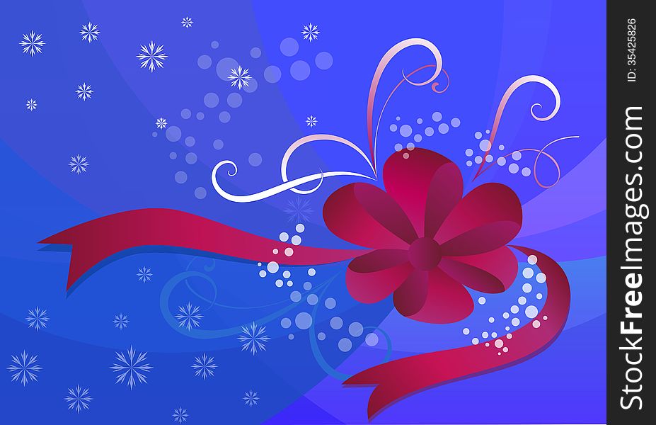 Christmas background with snowflakes and red bow.