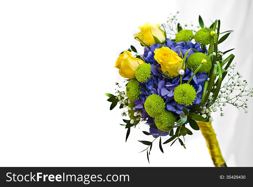 Bridal bouquet with blue Hydrangea and yellow roses. Bridal bouquet with blue Hydrangea and yellow roses